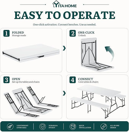 YITAHOME 6ft Folding Picnic Table with Benches | Heavy Duty 6 ft Picnic Tables for Outdoors, Portable Outdoor Table with Center Lock & Non-Slip Feet for Backyard, Camping