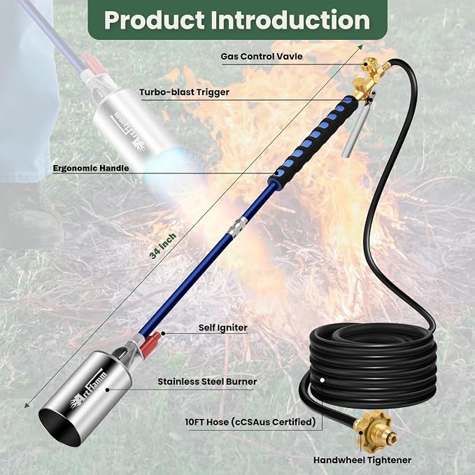 ARTFLAMM Propane Torch Weed Burner Kit with Storage Bag, Torch Gun for Outside with 10 FT Hose, Self Igniter Weed Flame Torch for Fire Pit, Roofing, Melting Snow and Ice