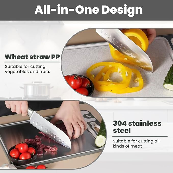 Stainless Steel Cutting Board, 14"x10" Cutting Boards for Kitchen, Dishwasher Safe, Scratch-Resistant with Juice Groove, Separate Sides for Meat and Vegetables (Smooth Surface)