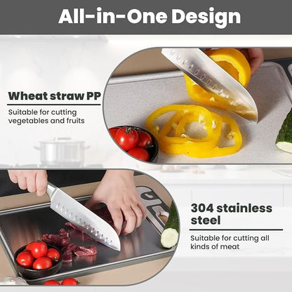 Stainless Steel Cutting Board, 14"x10" Cutting Boards for Kitchen, Dishwasher Safe, Scratch-Resistant with Juice Groove, Separate Sides for Meat and Vegetables (Smooth Surface)