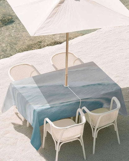 Summer Beach Outdoor Tablecloth - 60x102 Inch Rectangle Dining Table Cover, Coastal Ocean Nautical Seaside Aqua Beige Waterproof Outdoor Table Cloth with Umbrella Hole & Zipper for Picnic/Patio/Party