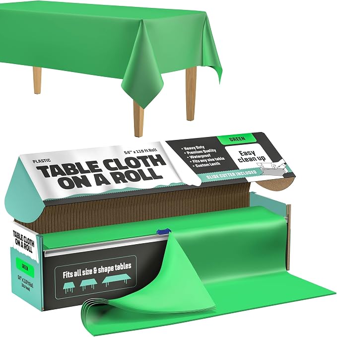 Tablecloth Roll – 54" X 110' Green Premium Plastic Table Cloths with Cutter Box - Cut to Size - Decorative Rectangle Table Cover Smooth Tablecloth - Disposable Table Cloths for Parties, Weddings.