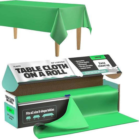 Tablecloth Roll – 54" X 110' Green Premium Plastic Table Cloths with Cutter Box - Cut to Size - Decorative Rectangle Table Cover Smooth Tablecloth - Disposable Table Cloths for Parties, Weddings.