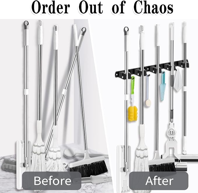 2 Pack Black Broom Holder Wall Mount, 5 Racks 4 Hooks Mop and Broom Holder | Mop Holder Wall Mount and Broom Hanger for Garage, Laundry Room, Kitchen and Utility Storage