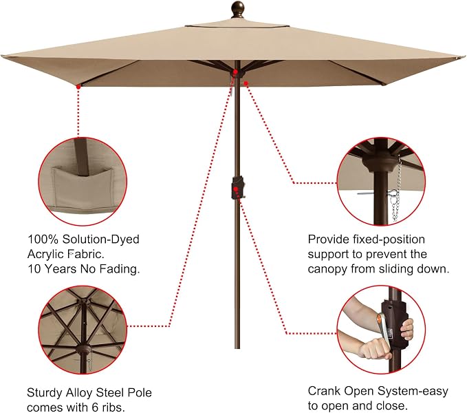 EliteShade USA 10-Year-Non-Fading 6.5x10Ft Rectangular Market Patio Umbrella, UPF 50+ UV Protection Performance Sun Umbrella, Heavy Duty Commercial Grade Outdoor Table Umbrella with Crank, Windproof Vented Top for Garden, Pool, Deck and Outdoor Playset...