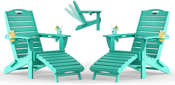 Adjustable Adirondack Chairs Set of 2 with Retractable Ottoman, HDPE Folding Adirondack Chair with Cup Holders, Weather Resistant for Backyard, Poolside & Fire Pit (Lake Blue)