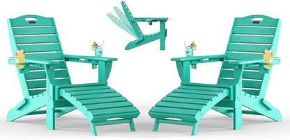 Adjustable Adirondack Chairs Set of 2 with Retractable Ottoman, HDPE Folding Adirondack Chair with Cup Holders, Weather Resistant for Backyard, Poolside & Fire Pit (Lake Blue)
