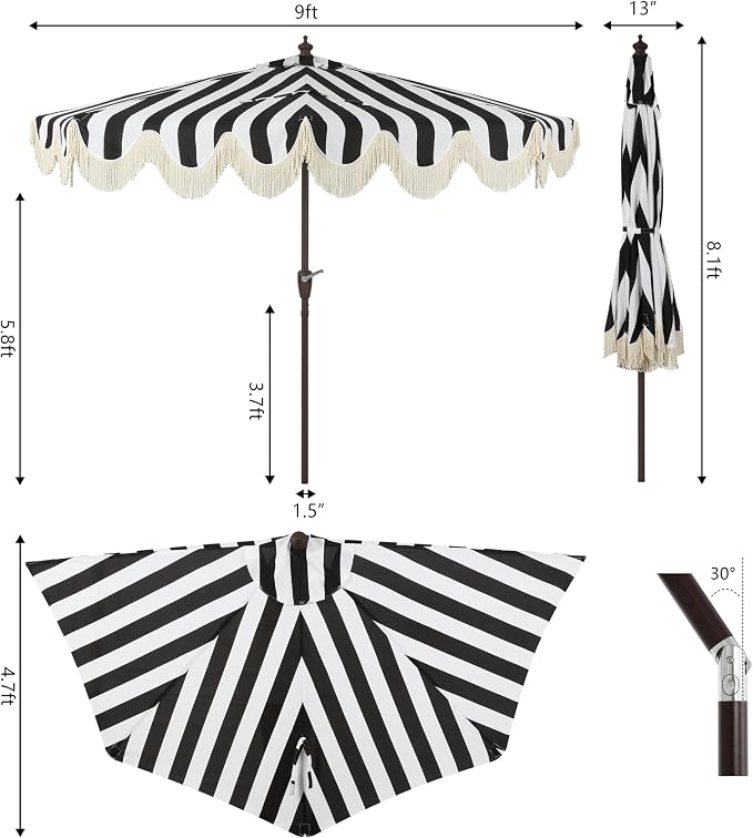 JONATHAN Y Beverly 9 ft. Striped Half Umbrella, Black/Dark Brown | Coastal Scalloped Fringe, Crank Lift, 30 Degree Manual Tilt, UV 50 Polyester Canopy, Aluminum Frame, Space Saving Design