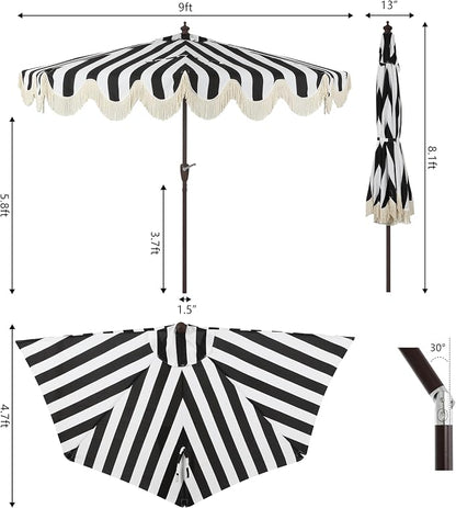 JONATHAN Y Beverly 9 ft. Striped Half Umbrella, Black/Dark Brown | Coastal Scalloped Fringe, Crank Lift, 30 Degree Manual Tilt, UV 50 Polyester Canopy, Aluminum Frame, Space Saving Design