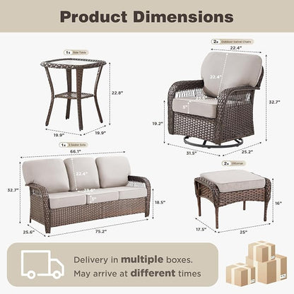 Belord Luxury Patio Furniture Set with 5-inch Thick Cushion, Outdoor Couch and High Back Swivel Rocker Patio Chairs, 6PCS Wicker Conversation Set for Deck Yard and Poolside,Beige