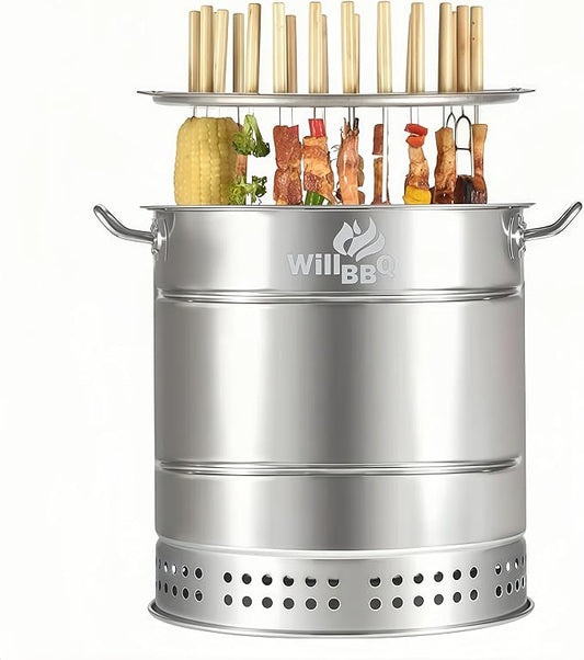 WILLBBQ Large Hanging Charcoal Grills, 360° Barrel Smoker, Stainless Steel Double-Wall Insulated, Portable for Outdoor Camping Patio (Silver)