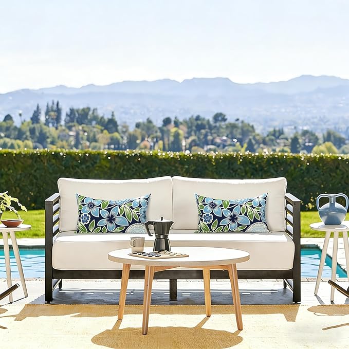LVTXIII Outdoor Lumbar Pillow Covers Only Set of 2 Patio Decorative Pillow Cases, Water Repellent Lumbar Cushion Cases for Sofa, Patio Couch Garden Use, 12x20 Inch, Azure Botanical Symphony‌
