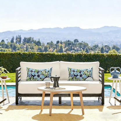 LVTXIII Outdoor Lumbar Pillow Covers Only Set of 2 Patio Decorative Pillow Cases, Water Repellent Lumbar Cushion Cases for Sofa, Patio Couch Garden Use, 12x20 Inch, Azure Botanical Symphony‌
