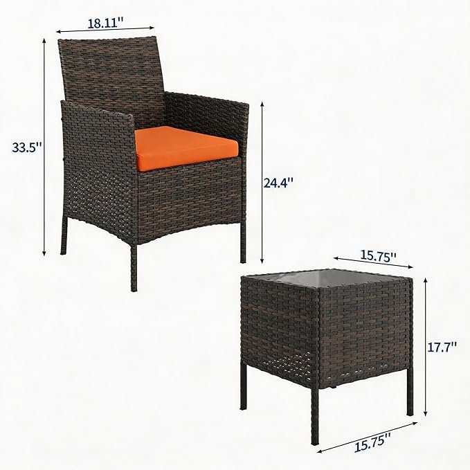 3-Piece Outdoor Furniture Set, PE Rattan Wicker Chairs with Soft Cushions & Tempered Glass Coffee Table - All-Weather Patio Set for Garden, Backyard, Porch, Poolside (Brown/Orange)