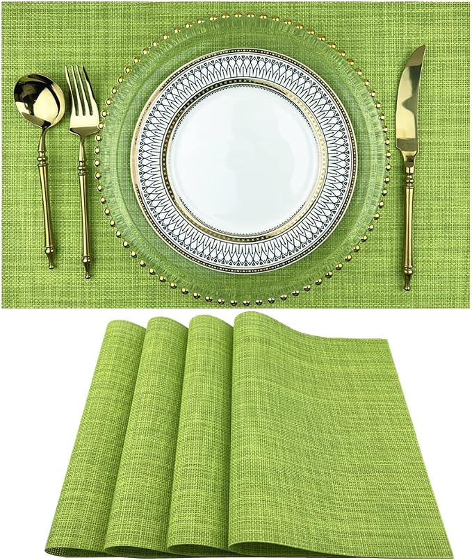 WAZAIGUR Placemats,Easy to Clean Crisscross Woven Vinyl Place Mats Durable Non-Slip Heat Resistant Table Mats,Placemats for Kitchen Table (Green, 4)