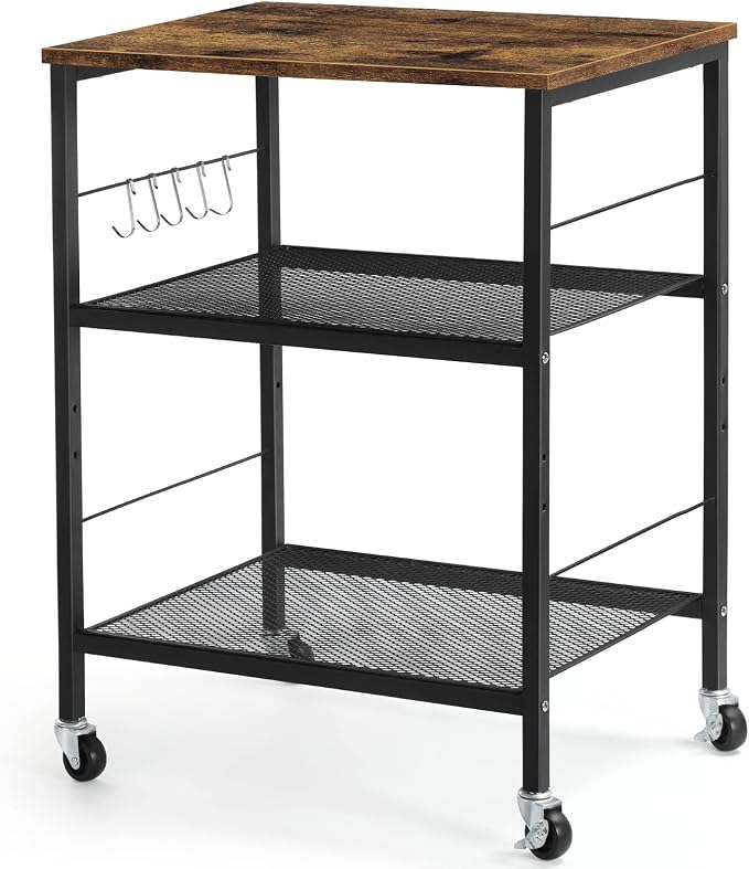LIANTRAL Rolling Cart, 3-Tier Microwave Cart Kitchen Storage On Wheels | Brown Utility Cart for Bar Coffee Large Side End Table Nightstand for Home Office