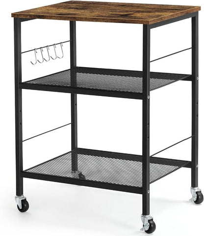 LIANTRAL Rolling Cart, 3-Tier Microwave Cart Kitchen Storage On Wheels | Brown Utility Cart for Bar Coffee Large Side End Table Nightstand for Home Office