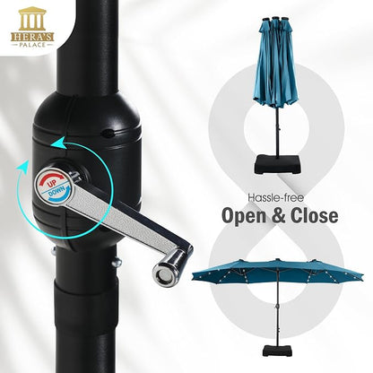 15ft Patio Umbrella with Solar lights & Base, Large Umbrellas, Cerulean | HERA'S PALACE Rectangle Double Market Umbrella with 36 LED Lights, Big Outdoor Umbrellas for Pool Picnic Inground Yard Deck