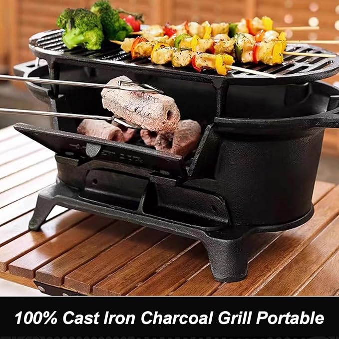 Cast Iron HibachiGrill Outdoor, Portable Cast Iron Charcoal Grill with Adjustable Air Vents - Compact for Outdoor Camping, Backyard BBQ, Picnics & Tailgating (Oval)