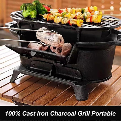 Cast Iron HibachiGrill Outdoor, Portable Cast Iron Charcoal Grill with Adjustable Air Vents - Compact for Outdoor Camping, Backyard BBQ, Picnics & Tailgating (Oval)