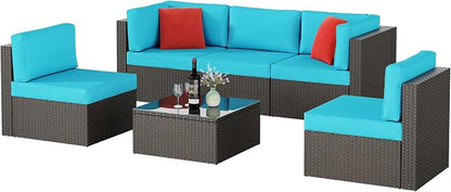 6 Pieces Patio Furniture Set Outdoor Couch Wicker Sectional Sofa, Blue