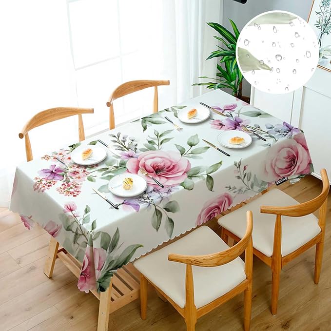 Swono Rose Table Cloth Rectangle Tables Watercolor Pink Flowers Rose Leaves Kitchen Table Cover Oblong 52"X70" Tablecloth for Dining Table Buffet Parties Patio and Camping