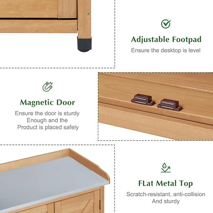 Outdoor Storage Cabinet & Potting Bench Table with Metal Top, Wooden Patio Furniture, Garden Workstation (Light Brwon, 39x31.5x17in)