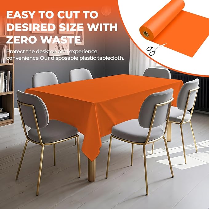 54 Inch X 100 Feet Plastic Table Cover Roll Premium Disposable Plastic Tablecloth for All Type/Shape Tables | Picnic, Party, Banquet, Birthdays, Weddings (Orange, 54 Inch X 100 Feet)