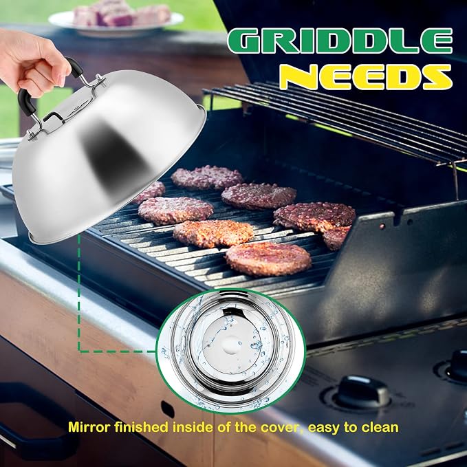 12In Cheese Melting Dome, HaSteeL Heavy Duty Basting Cover with Adjustable Vent, Stainless Steel Round Steaming Cover Lid for Flat Top Griddle Grill Teppanyaki Kitchen Indoor Outdoor, Dishwasher Safe