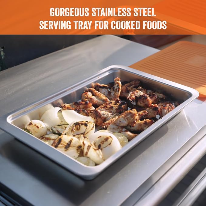 5-Piece BBQ Prep and Serve Set with Marinade Tray | Stainless serving tray, aluminum defrost board, cutting board, snap-on lid, marinade tray.