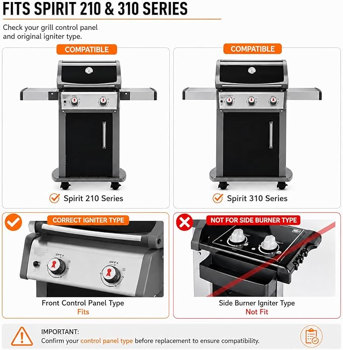 GRISUN 7642 Grill Igniter for Weber Spirit 310 210 2013 Up Front Panel | Fits Weber Spirit 200 and 300 series with up-front controls, model year 2013 and newer, plug-and-play igniter kit