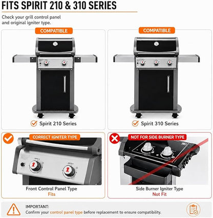 GRISUN 7642 Grill Igniter for Weber Spirit 310 210 2013 Up Front Panel | Fits Weber Spirit 200 and 300 series with up-front controls, model year 2013 and newer, plug-and-play igniter kit