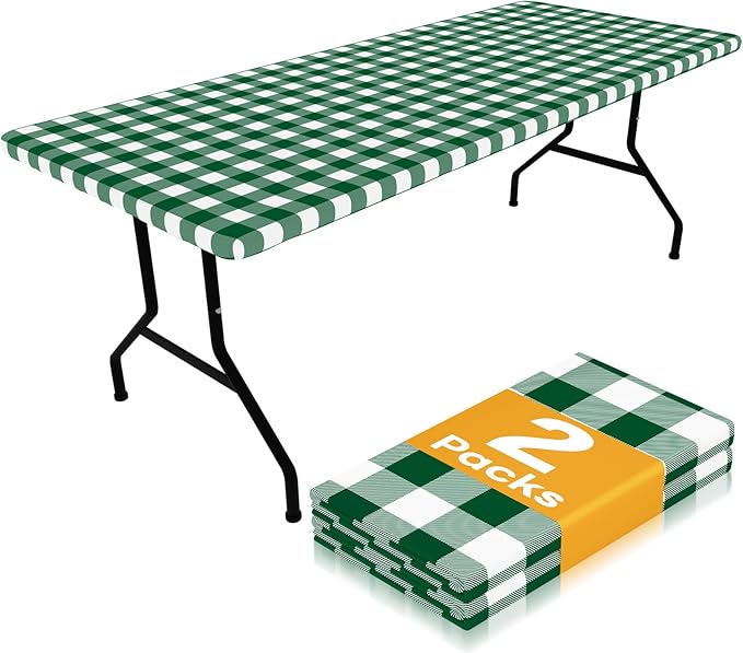 Smiry Picnic Table Cloth 2 Pack, Waterproof Elastic Fitted Tablecloths for 8FT Rectangle Tables, Washable Polyester Buffalo Plaid Tablecloth for Camping & Outdoor (Hunter Green & White, 30" x 96")