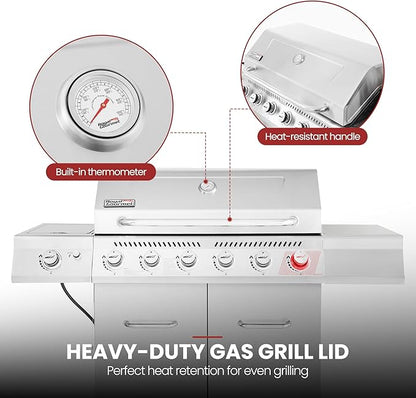 Royal Gourmet GA6402S 6-Burner Propane Gas Grill with Side Burner and Warming Rack, 74,000 BTUs, Cabinet Style Outdoor BBQ Grill for Barbecue Grilling & Backyard Cooking, Silver
