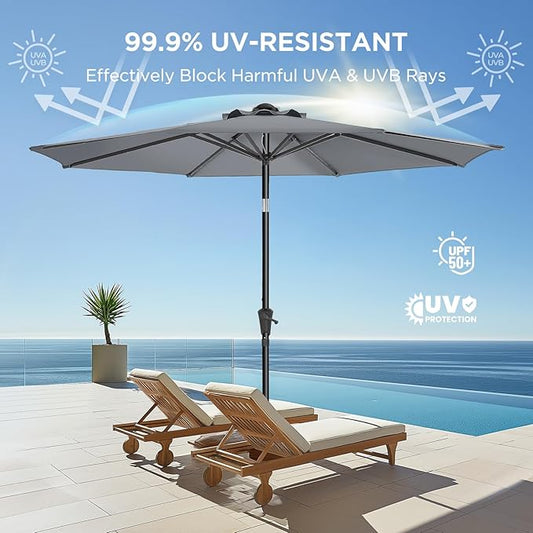 HOMSHADE 9ft Outdoor Patio Umbrella - UPF50+ UV Protection Market Patio Table Umbrella with Push Button Tilt, Crank and 8 Sturdy Ribs for Pool Deck and Garden (Grey, No base)