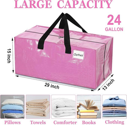4 Pcs 24 Gallon Extra Large Moving Bags Heavy Duty Storage Bag with Strong Zipper Handle Foldable XXL Jumbo Storage Tote Packing Moving Box for College Dorm Travel Cloth Duffle (Pink)