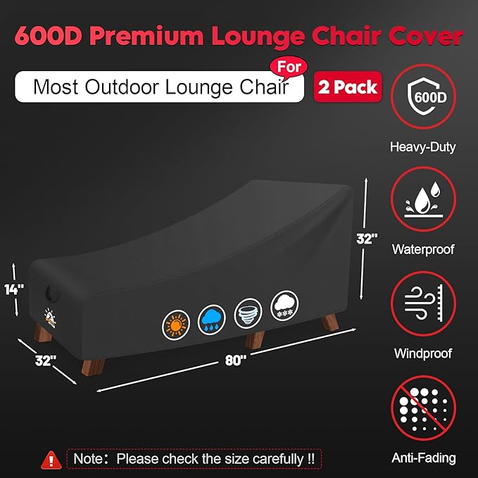 Zettum Outdoor Lounge Chair Cover 2 Pack - Waterproof Patio Chaise Lounge Chair Cover, 600D Fade-Resistant Outdoor Seating Covers For Pool Lounge Chair, Lawn Bench Furniture 80 x 32 x 32 Inch