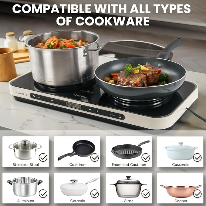 AEWHALE Electric Glass Cooktop 2 Burners | Removable Griddle Pan, Ceramic Non-stick, 900W+900W, Sensor Touch, Adjustable Temperature/Time