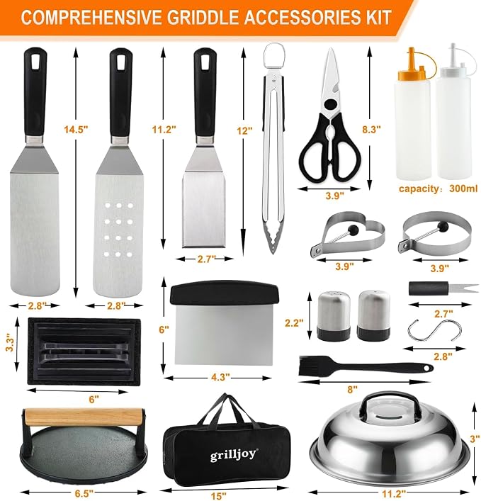 Grilljoy 38pcs Professional Griddle Accessories Kit for Blackstone, with Smash Burger Press, Extra Thick Griddle Spatula, Turner, Flipper - Flat Top Grill Accessories for Outdoor Grill