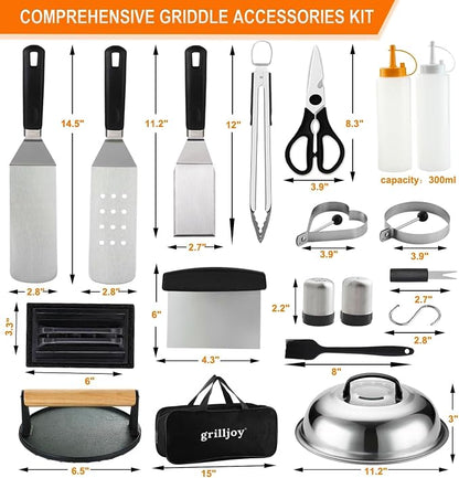 Grilljoy 38pcs Professional Griddle Accessories Kit for Blackstone, with Smash Burger Press, Extra Thick Griddle Spatula, Turner, Flipper - Flat Top Grill Accessories for Outdoor Grill