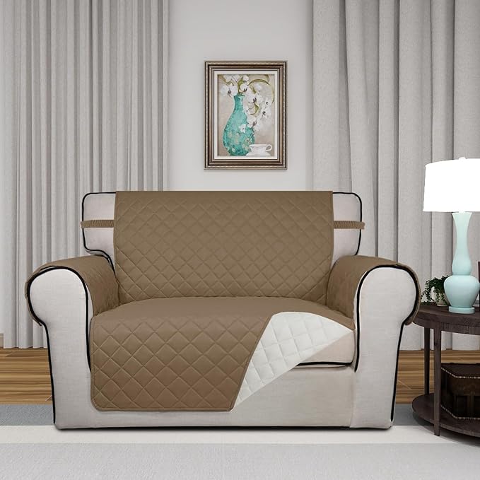 PureFit Reversible Quilted Sofa Cover Dog Couch Covers for Sofa, 28 in | Camel/Ivory, Water Resistant Couch Protector, Washable Pet Couch Cover with Non Slip and Elastic Straps For Kids