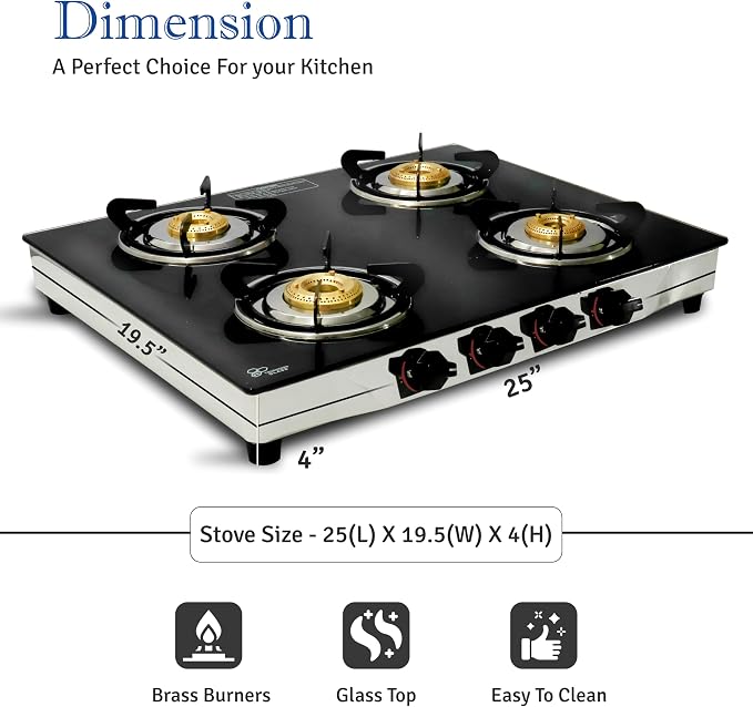 Gas Stove with 4 Burner, Propane Gas Cook Top Tempered Glass RV | Stove, Portable Stainless Gas Stove Burners for Cooking with Hose & Regulator to Connect Propane Tank