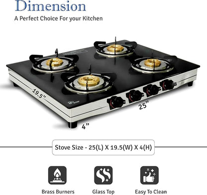 Gas Stove with 4 Burner, Propane Gas Cook Top Tempered Glass RV | Stove, Portable Stainless Gas Stove Burners for Cooking with Hose & Regulator to Connect Propane Tank