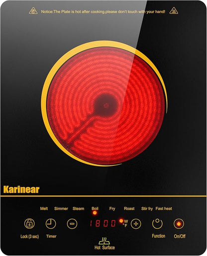Karinear Portable Electric Cooktop, Electric Stove Single Burner Ceramic Cooktop with Touch Control,Safety Lock, Timer, Residual Heat Indicator, Overheat Protection, 1800W 110V Infrared Burner(Gold)