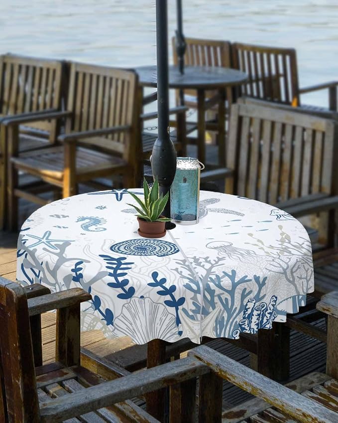 Blue Coastal Outdoor Tablecloth - 54 Inch Round Waterproof Dining Table Cover, Nautical Summer Beach Sea Turtle Coral Outdoor Table Cloth with Umbrella Hole & Zipper for Picnic/Patio/Party