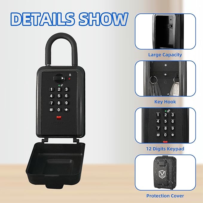 Wall & Hanging Safe Key Lock Box, 12 Digit Combination Lock Box for Keys with Resettable Code, Large Capacity & Weatherproof Outdoor Lockbox, Spare Key Safe Storage Lock Box for Home, Garage，Black