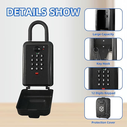 Wall & Hanging Safe Key Lock Box, 12 Digit Combination Lock Box for Keys with Resettable Code, Large Capacity & Weatherproof Outdoor Lockbox, Spare Key Safe Storage Lock Box for Home, Garage，Black