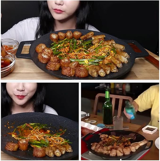 Korean Grill Pan,14.17inch Nonstick Round Griddle Grill Pan for Korean BBQ,Round BBQ Griddle with Handle,Multifunctional Stove Plate for Meats, Pancakes, Ribs