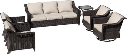6 Piece Patio Furniture Set, Wicker Outdoor Conversation Set | Patio Chair Set with Olefin Removable Cushion, All-Weather Outdoor Couch with Deep Seat for Porch, Deck and Backyard, Beige