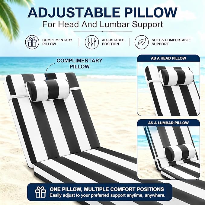 Chaise Lounge Cushion for Outdoor Furniture, Waterproof, Fade-Resistant and Tear Resistant, Patio Lounger Pads with Removable Cover for Pool, Deck, Lawn, 72x21x4 Inch, Black & White Stripe